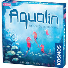 Aqualin board game by MJ BoardGames Lebanon โ a serene two-player underwater strategy game featuring colorful sea creatures and elegant abstract gameplay.