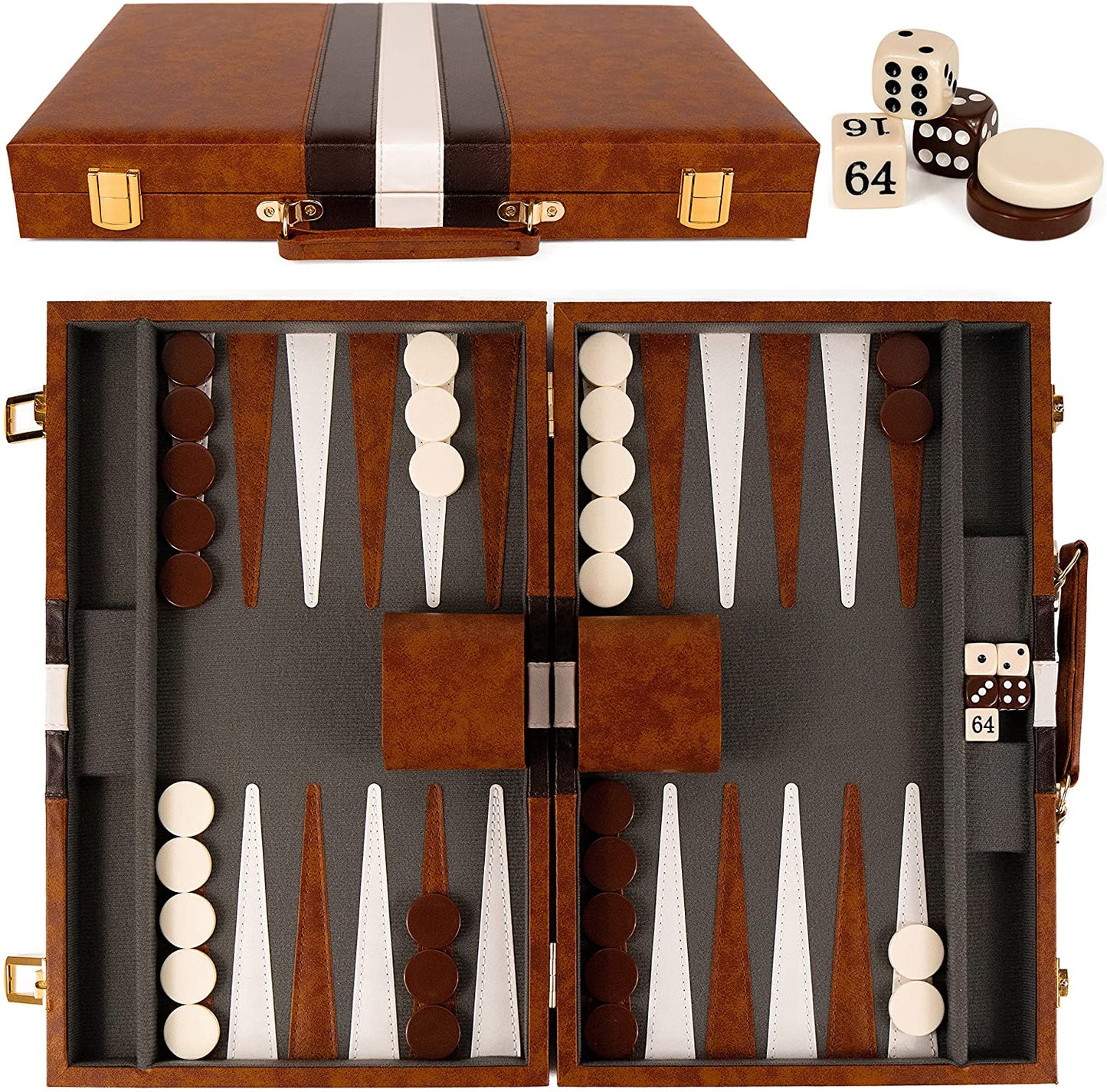 Backgammon board game setup showing the classic board, checkers, dice, and doubling cube ready for play.