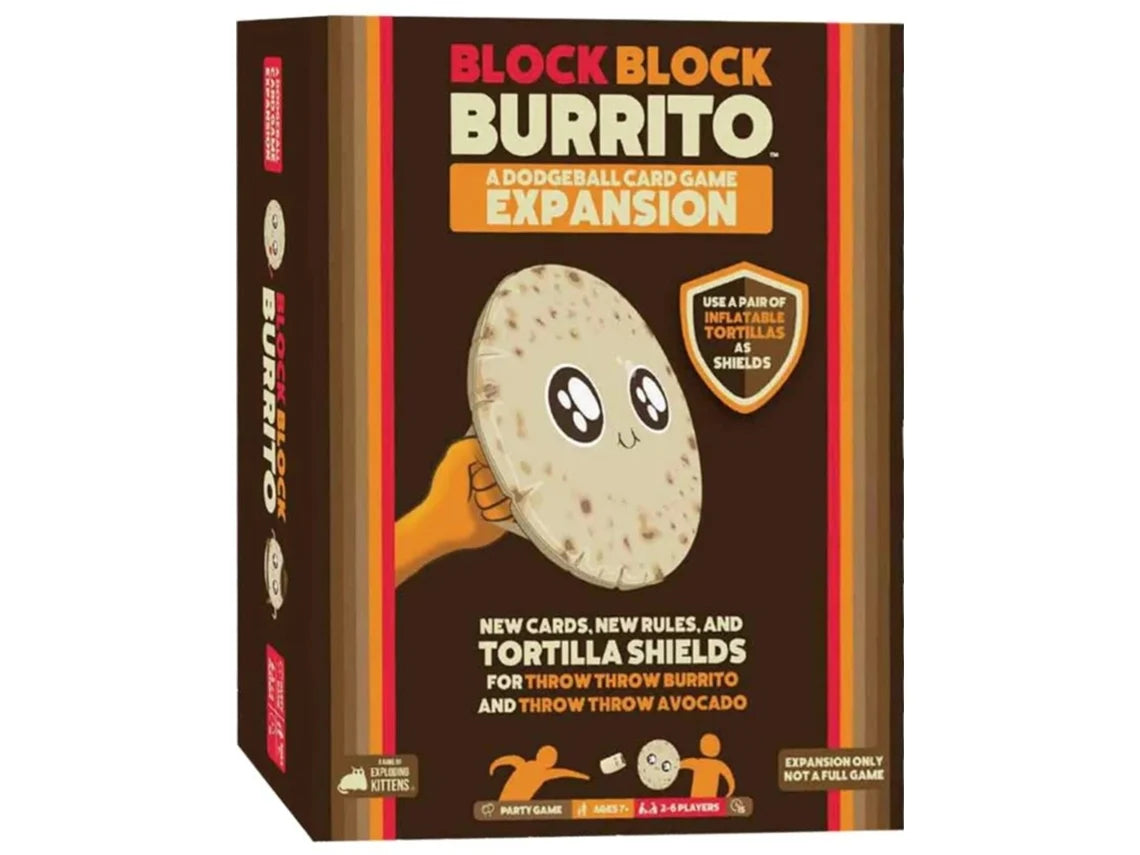 Block Block Burrito party action card game with inflatable shields available at MJ Board Games Lebanon