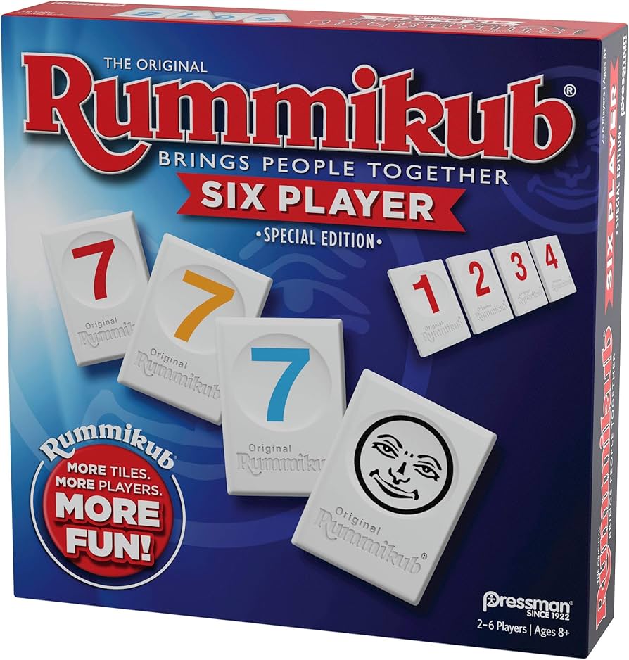 Classic Rummikub 6 player tile game with racks and tiles available at MJ Board Games Lebanon