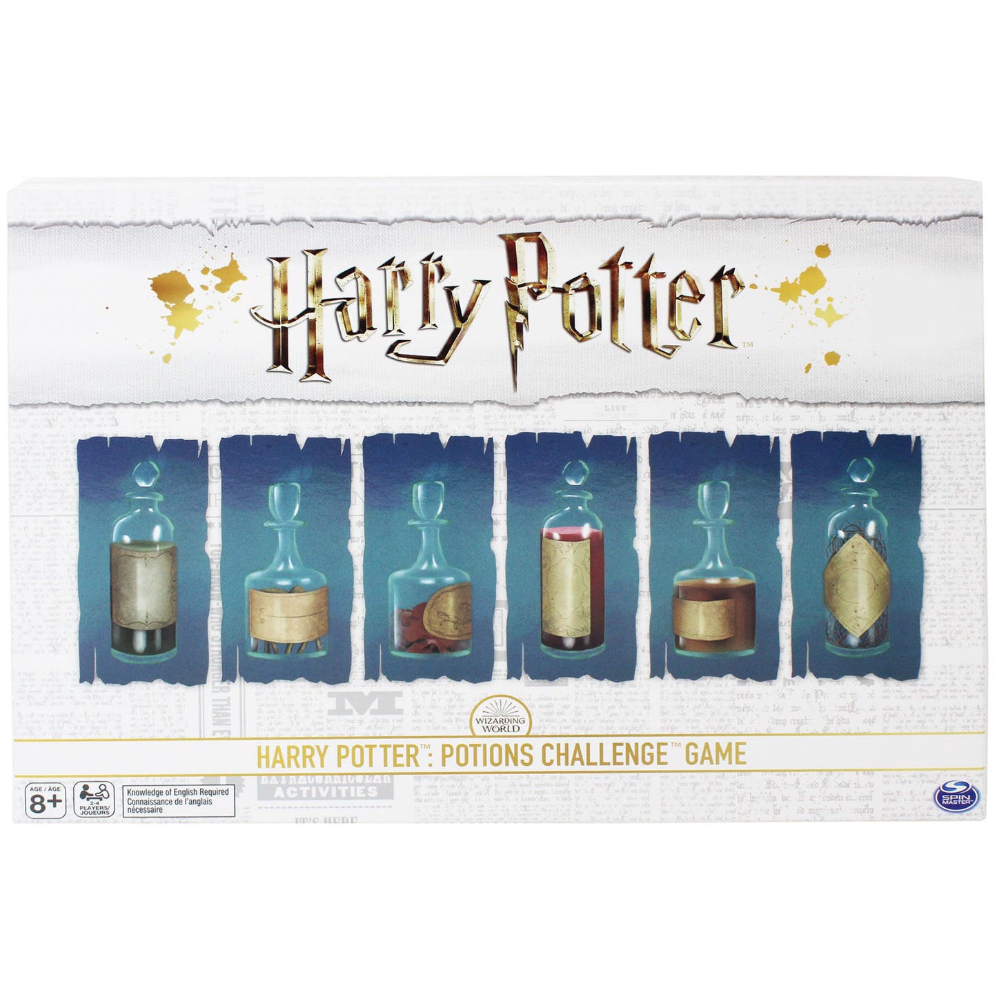 A colorful setup of Harry Potter: Potions Challenge board game featuring potion tokens, cauldrons, cards, and a magical Hogwarts classroom backdrop.