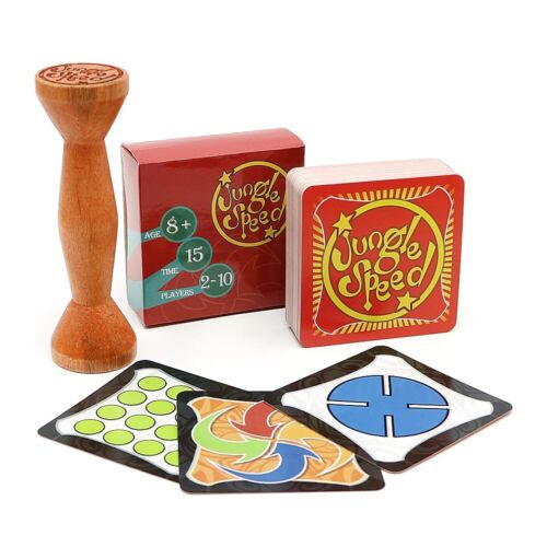 Jungle Speed party card game box with wooden totem – fast-paced reflex and matching game for 2 to 10 players.