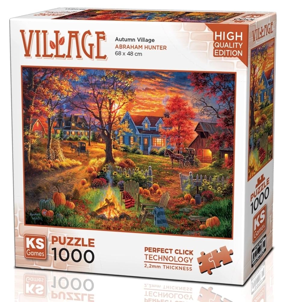 KS Puzzle 1000 Pieces Autumn Village β fall countryside jigsaw puzzle with cottages, golden trees, and warm autumn colors, featuring Perfect Click Technology and 2.2mm thick board, available at MJ BoardGames Lebanon.