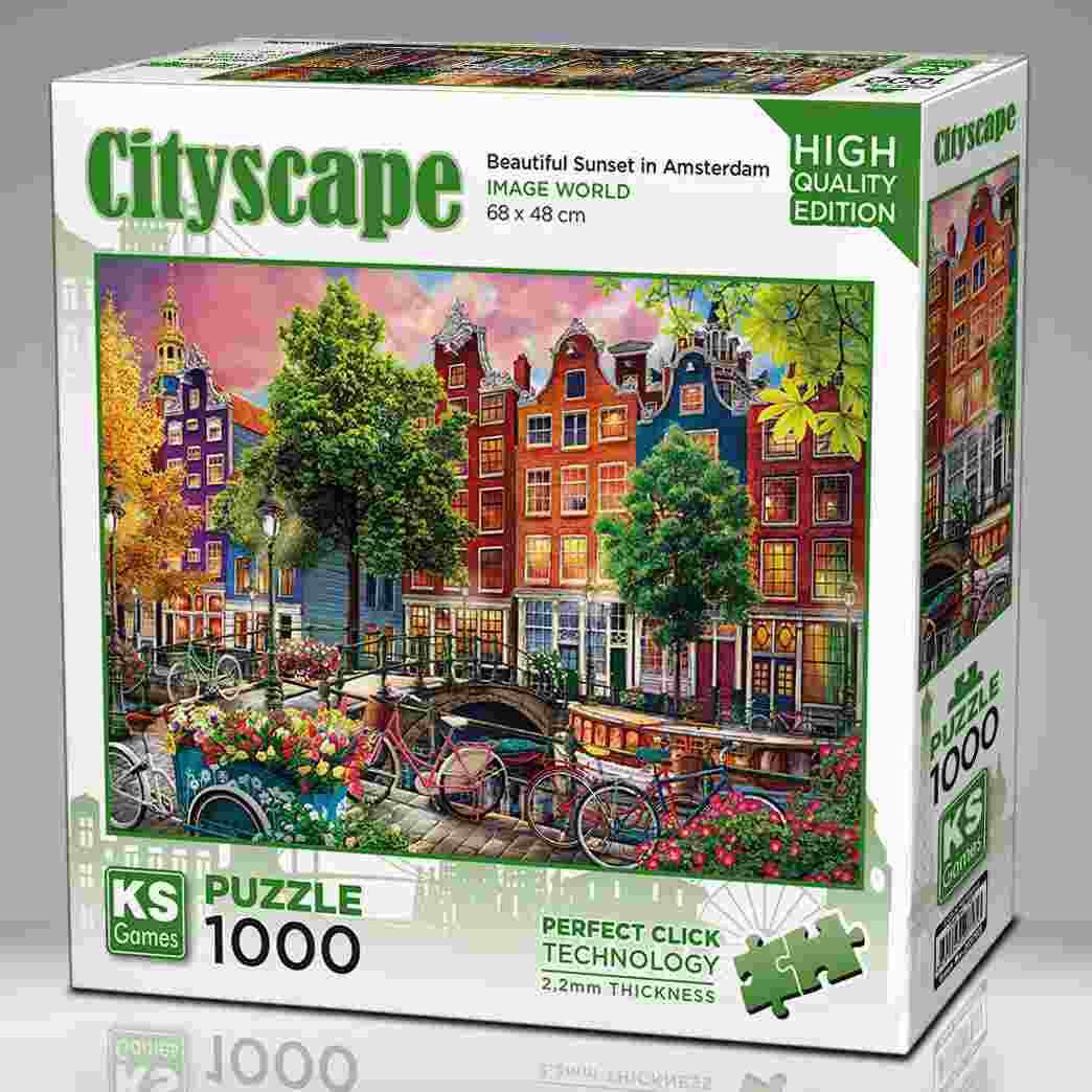 KS Puzzle 1000 Pieces Beautiful Sunset in Amsterdam – cityscape jigsaw puzzle featuring canals, bicycles, and sunset lights of Amsterdam, made with Perfect Click Technology and 2.2mm thick board, available at MJ BoardGames Lebanon.