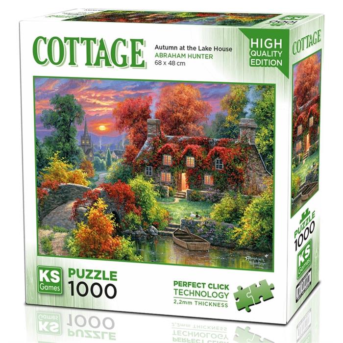 KS Puzzle 1000 Pieces Cottage Autumn at the Lake House β autumn lakeside cottage jigsaw with 2.2mm thick board and Perfect Click Technology, available at MJ BoardGames Lebanon.