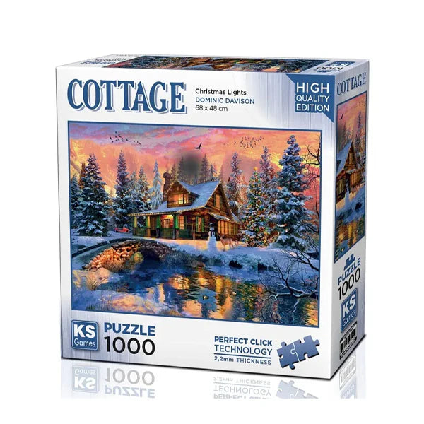 KS Puzzle 1000 Pieces Cottage Christmas Lights β cozy winter cottage jigsaw puzzle with glowing Christmas lights, Perfect Click Technology, and 2.2mm thick board, available at MJ BoardGames Lebanon.