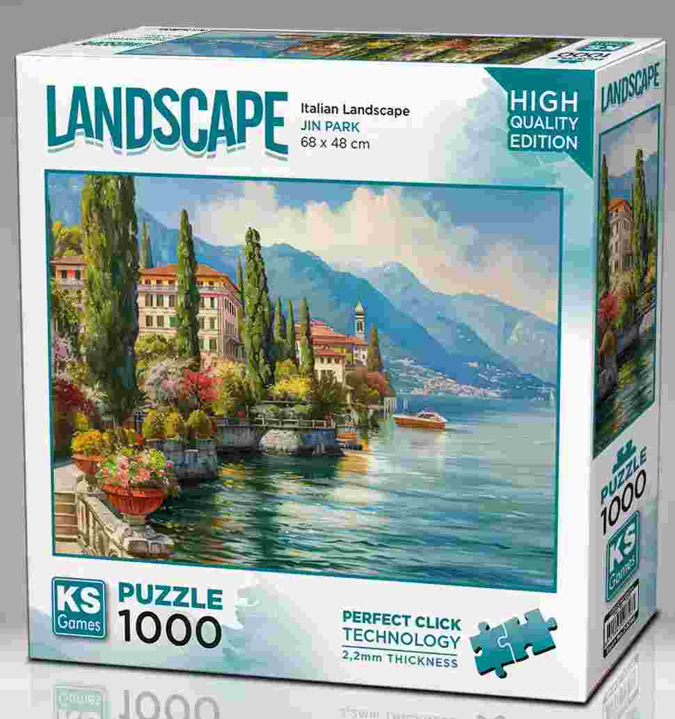 KS Puzzle 1000 Pieces Italian Landscape โ picturesque countryside jigsaw puzzle featuring Italian villas, vineyards, and rolling hills, made with Perfect Click Technology and 2.2mm thick board, available at MJ BoardGames Lebanon.