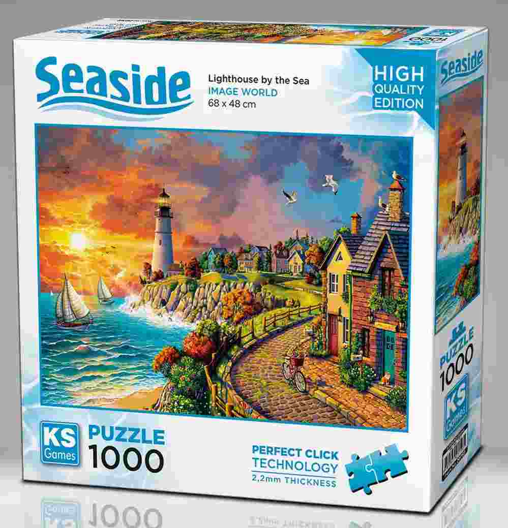 KS Puzzle 1000 Pieces Lighthouse by the Sea β scenic seaside jigsaw puzzle featuring a coastal lighthouse, ocean waves, and sunset tones, made with Perfect Click Technology and 2.2mm thick board, available at MJ BoardGames Lebanon.