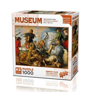 KS Puzzle 1000 Pieces Museum Wolf and Fox Hunt โ classic art jigsaw with detailed hunting scene, 2.2mm thick board, and Perfect Click Technology, available at MJ BoardGames Lebanon.