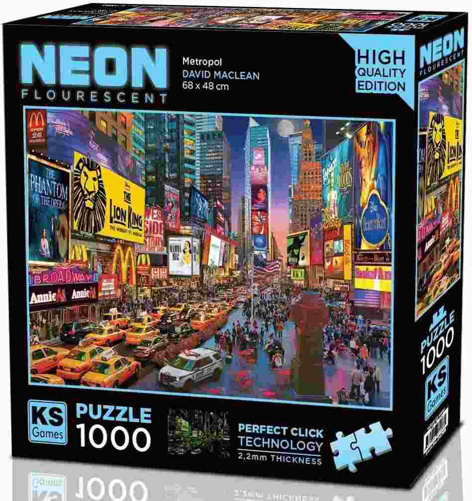 KS Puzzle 1000 Pieces Neon Metropol β futuristic neon city jigsaw with 2.2mm thick board and Perfect Click Technology, available at MJ BoardGames Lebanon.