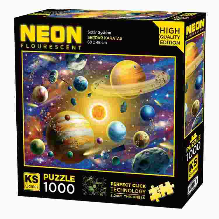 KS Puzzle 1000 Pieces Neon Solar System β vivid neon space jigsaw puzzle featuring planets, stars, and cosmic light effects with Perfect Click Technology and 2.2mm thick board, available at MJ BoardGames Lebanon.