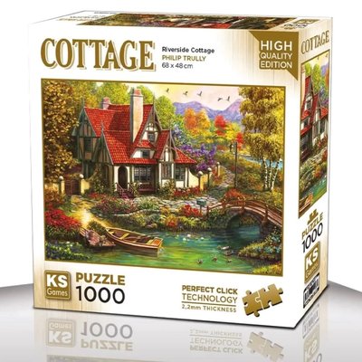 KS Puzzle 1000 Pieces Riverside Cottage โ cozy countryside jigsaw puzzle featuring a stone cottage by a river with flowers and greenery, made with Perfect Click Technology and 2.2mm thick board, available at MJ BoardGames Lebanon.