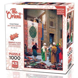 KS Puzzle 1000 Pieces The Orient Carpet Market β vibrant jigsaw puzzle featuring traditional Eastern carpet market scene, rich colors, Perfect Click Technology, and 2.2mm thick board, available at MJ BoardGames Lebanon.