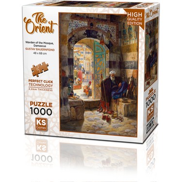 KS Puzzle 1000 Pieces The Orient: Warden of the Mosque, Damascus โ detailed Oriental art jigsaw puzzle featuring Middle Eastern architecture and historic ambiance, with Perfect Click Technology and 2.2mm thick board, available at MJ BoardGames Lebanon.