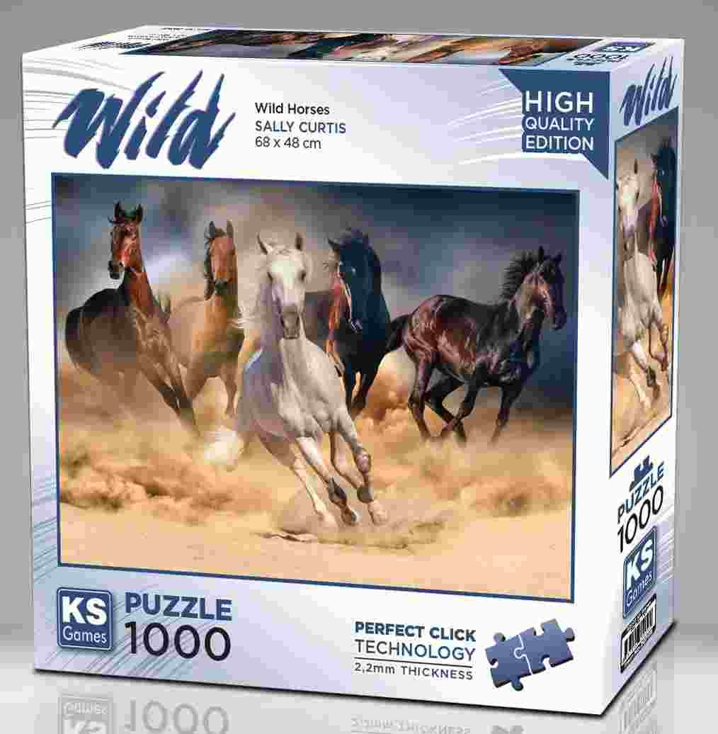 KS Puzzle 1000 Pieces Wild Wild Horses β stunning jigsaw puzzle of galloping horses across open plains, crafted with Perfect Click Technology and 2.2mm thick board, available at MJ BoardGames Lebanon.