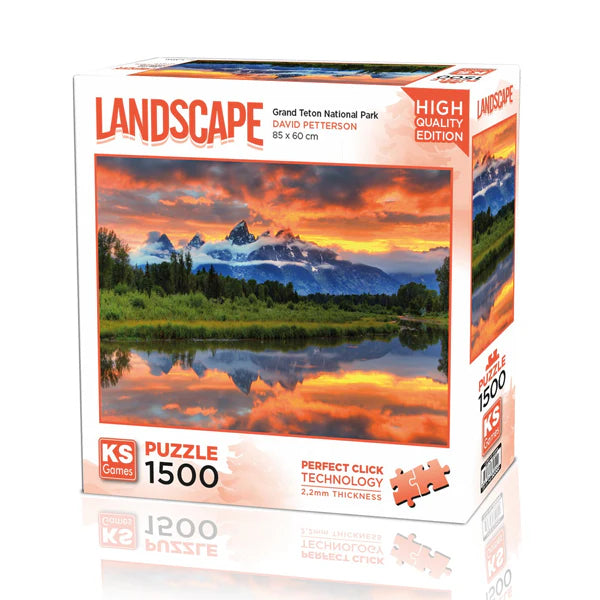 KS Puzzle 1500 Pieces Grand Teton National Park β scenic mountain and lake landscape jigsaw puzzle featuring vivid nature detail, crafted with Perfect Click Technology and 2.2mm thick board, 85 x 60 cm, available at MJ BoardGames Lebanon.