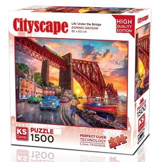 KS Puzzle 1500 Pieces Life Under the Bridge β elegant cityscape jigsaw puzzle with river reflections and bridge lights, featuring Perfect Click Technology and 2.2mm thick board, 85 x 60 cm, available at MJ BoardGames Lebanon.