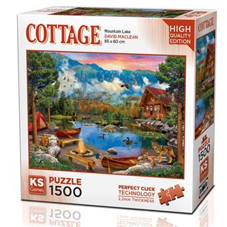 KS Puzzle 1500 Pieces Mountain Lake Cottage โ scenic jigsaw puzzle featuring a cozy cottage by a mountain lake with forest reflections, crafted with Perfect Click Technology and 2.2mm thick board, 85 x 60 cm, available at MJ BoardGames Lebanon.
