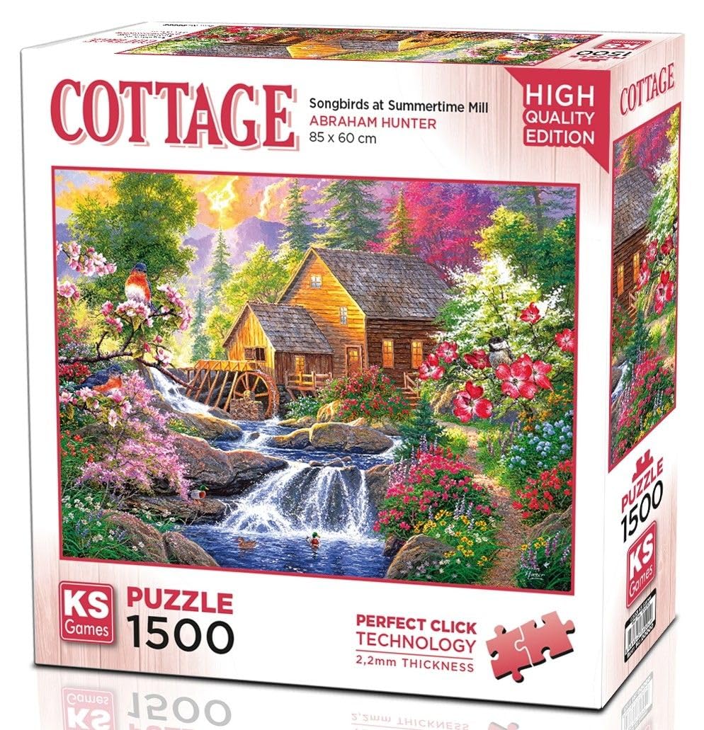 KS Puzzle 1500 Pieces Songbirds at Summertime Mill – colorful countryside jigsaw puzzle with birds, flowers, and a rustic watermill, crafted with Perfect Click Technology and 2.2mm thick board, 85 x 60 cm, available at MJ BoardGames Lebanon.
