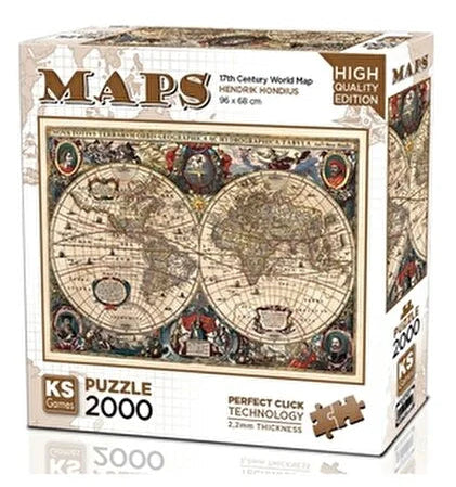 KS Puzzle 2000 Pieces 17th Century World Map β antique-style jigsaw puzzle featuring a historical world map from the 1600s, 96 x 68 cm, Perfect Click Technology, 2.2mm thick board, KS Maps Collection, available at MJ BoardGames Lebanon.