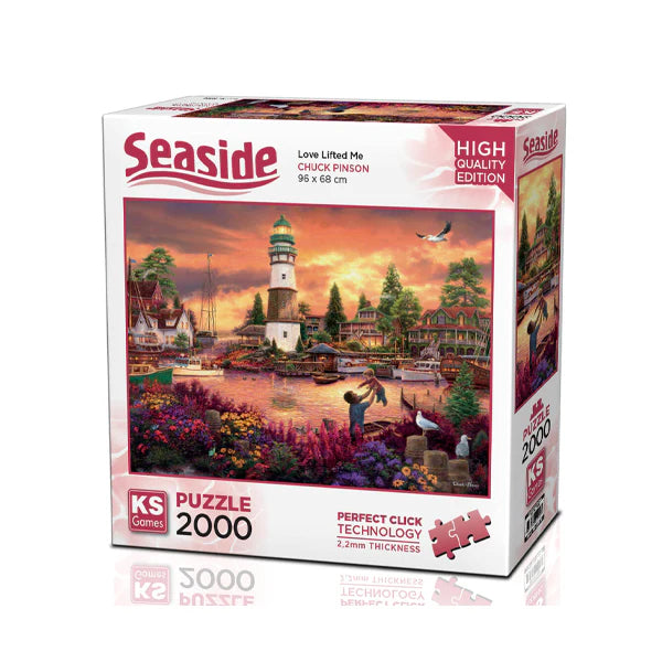 KS Puzzle 2000 Pieces Love Lifted Me β peaceful seaside jigsaw puzzle featuring a boat on calm waters under a glowing sky, 96 x 68 cm, Perfect Click Technology, 2.2mm thick board, KS Seaside Collection, available at MJ BoardGames Lebanon.