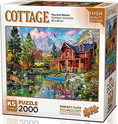 KS Puzzle 2000 Pieces Mountain Retreat β cozy cottage jigsaw puzzle surrounded by pine trees and mountain peaks, 96 x 68 cm, Perfect Click Technology, 2.2mm thick board, KS Cottage Collection, available at MJ BoardGames Lebanon.