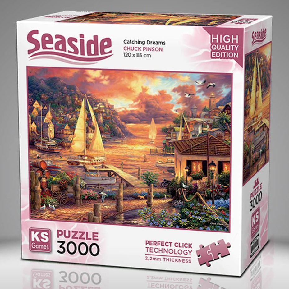 KS Puzzle 3000 Pieces Catching Dreams β seaside jigsaw puzzle featuring a dreamy sunset with sailboats and ocean waves, 120 x 85 cm, Perfect Click Technology, 2.2mm thick board, available at MJ BoardGames Lebanon.