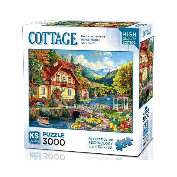 KS Puzzle 3000 Pieces House by the Pond – peaceful cottage jigsaw puzzle with a cozy home, pond reflections, and lush garden scenery, 120 x 85 cm, Perfect Click Technology, 2.2mm thick board, available at MJ BoardGames Lebanon.