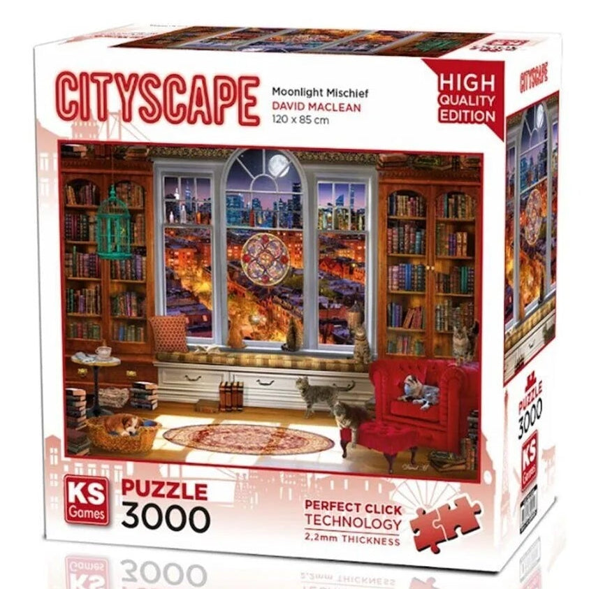 KS Puzzle 3000 Pieces Moonlit Mischief β detailed cityscape jigsaw puzzle depicting a moonlit night with glowing buildings and mysterious ambiance, 120 x 85 cm, Perfect Click Technology, 2.2mm thick board, available at MJ BoardGames Lebanon.