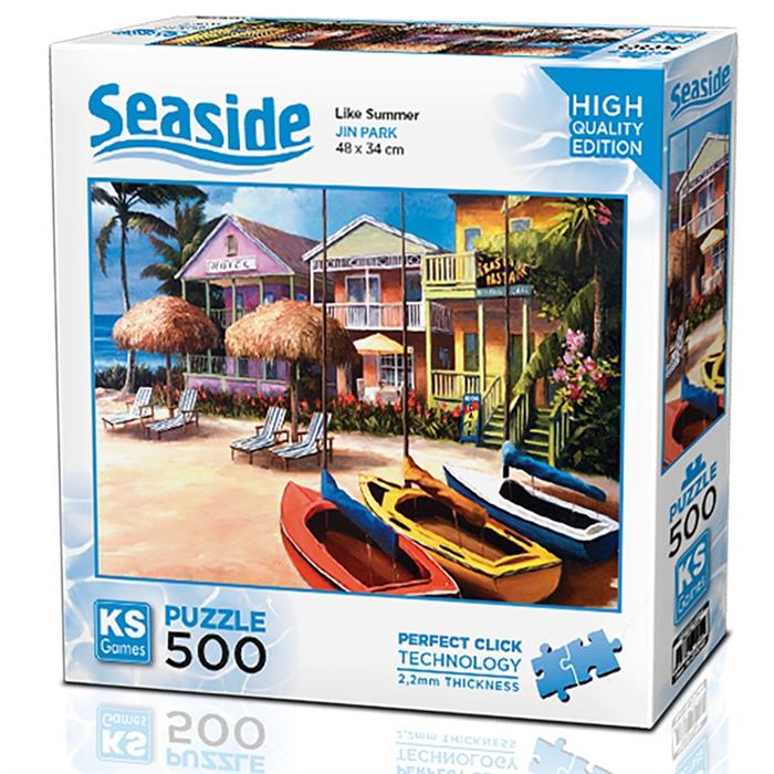 KS Puzzle 500 Pieces Like Summer β seaside jigsaw puzzle featuring a bright summer beach scene, 48 x 34 cm, Perfect Click Technology, 2.2mm thick board, available at MJ BoardGames Lebanon.