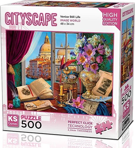 KS Puzzle 500 Pieces Venise Still Life โ Venice cityscape jigsaw puzzle with canal and still-life art, 48 x 34 cm, Perfect Click Technology, 2.2mm thick board, KS Cityscape Collection, available at MJ BoardGames Lebanon.