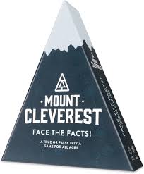 Triangular packaging of 'Mount Cleverest' game on a white background. Mount Cleverest roll and write trivia board game available at MJ BoardGames Lebanon