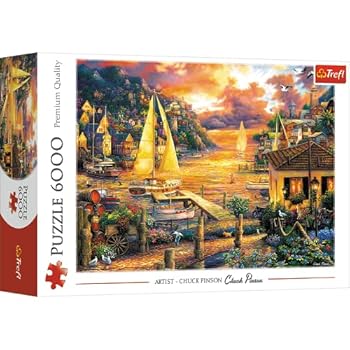 Trefl puzzle box with a scenic artwork of a coastal village at sunset. Trefl 6000-piece Chuck Pinson jigsaw puzzle available at MJ BoardGames Lebanon