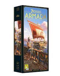 7 Wonders: Armada expansion showing naval fleet boards, tokens, and cards designed to add maritime strategy to 7 Wonders gameplay.