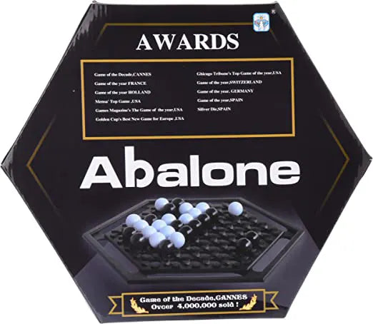Box of Abalone game with award text on a white background.  available at MJ BoardGames Lebanon