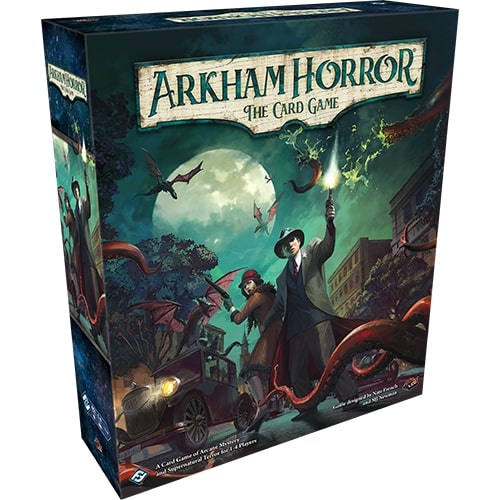 Arkham Horror The Card Game box and cards cooperative horror strategy game available at MJ Board Games Lebanon