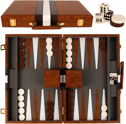 Backgammon board game setup showing the classic board, checkers, dice, and doubling cube ready for play.