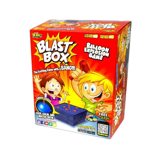 Blast Box balloon explosion party game with pump and balloons available at MJ Board Games Lebanon