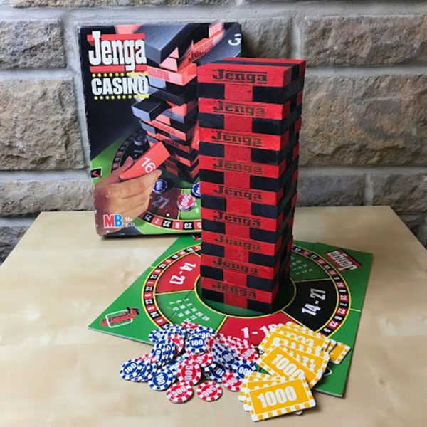 Casino Jenga party stacking game with casino-style challenges available at MJ Board Games Lebanon