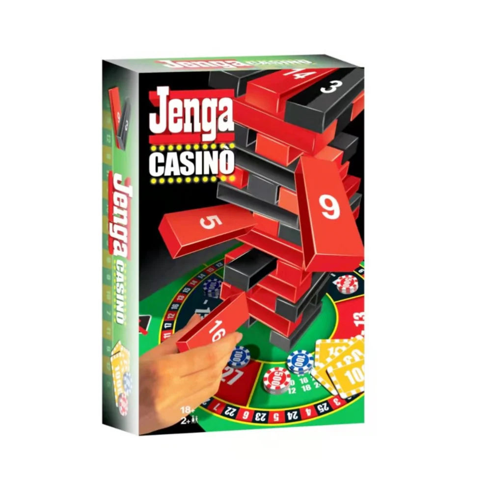 Casino Jenga party stacking game with casino-style challenges available at MJ Board Games Lebanon