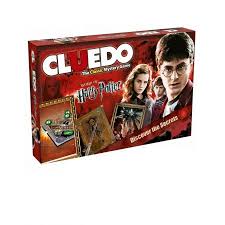 Cluedo Harry Potter board game setup showing Hogwarts-themed board, character pieces, cards, and magical mystery elements inspired by the wizarding world.