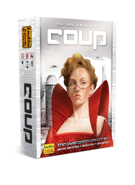 Coup bluffing card game with character cards and coins available at MJ Board Games Lebanon