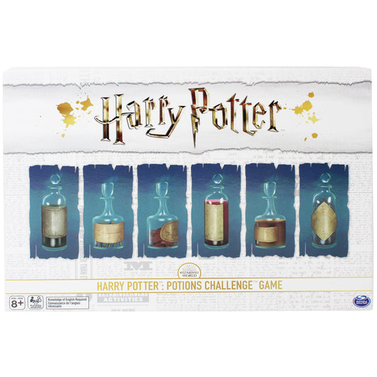 A colorful setup of Harry Potter: Potions Challenge board game featuring potion tokens, cauldrons, cards, and a magical Hogwarts classroom backdrop.