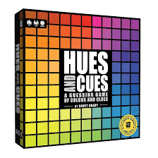 Hues and Cues party game box with colorful grid – fun color guessing board game for 3 to 10 players.
