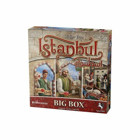 A colorful display of Istanbul Big Box board game components, showing the bustling bazaar tiles, merchant pieces, goods tokens, and rubies ready for play.