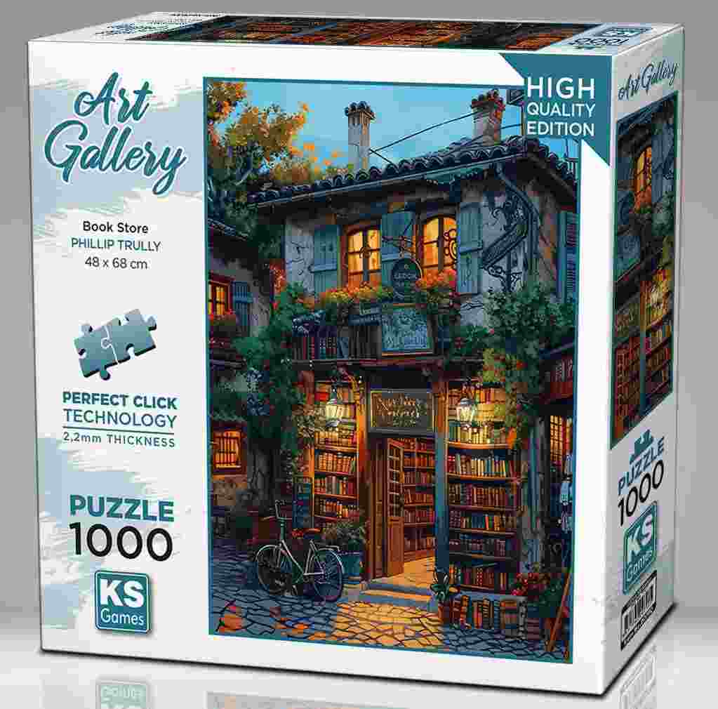 KS Puzzle 1000 Pieces Art Gallery Book Store – cozy art and bookstore-themed jigsaw with 2.2mm thick board and Perfect Click Technology, available at MJ BoardGames Lebanon.