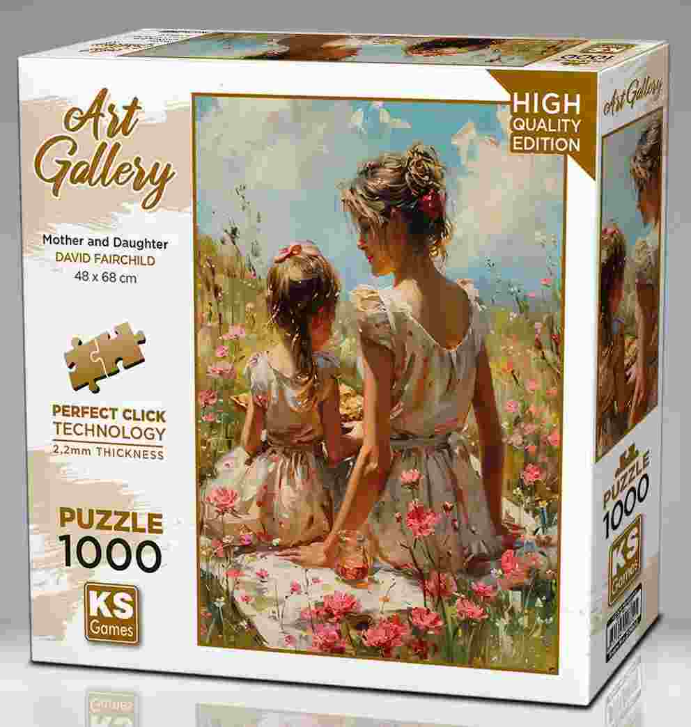 KS Puzzle 1000 Pieces Art Gallery Mother and Daughter – elegant fine art jigsaw puzzle depicting a mother and child, featuring Perfect Click Technology and 2.2mm thick board, available at MJ BoardGames Lebanon.