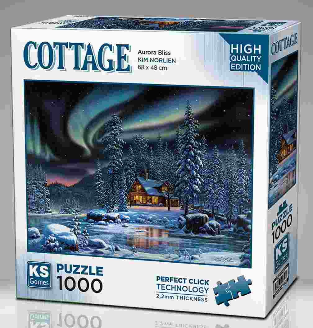 KS Puzzle 1000 Pieces Aurora Bliss – cozy cottage beneath northern lights jigsaw puzzle with vivid aurora colors, crafted with Perfect Click Technology and 2.2mm thick board, available at MJ BoardGames Lebanon.