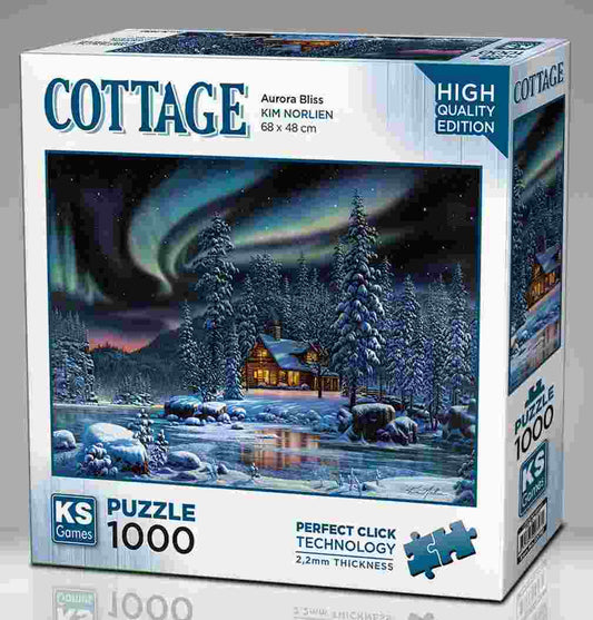 KS Puzzle 1000 Pieces Aurora Bliss – cozy cottage beneath northern lights jigsaw puzzle with vivid aurora colors, crafted with Perfect Click Technology and 2.2mm thick board, available at MJ BoardGames Lebanon.