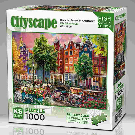 KS Puzzle 1000 Pieces Beautiful Sunset in Amsterdam – cityscape jigsaw puzzle featuring canals, bicycles, and sunset lights of Amsterdam, made with Perfect Click Technology and 2.2mm thick board, available at MJ BoardGames Lebanon.